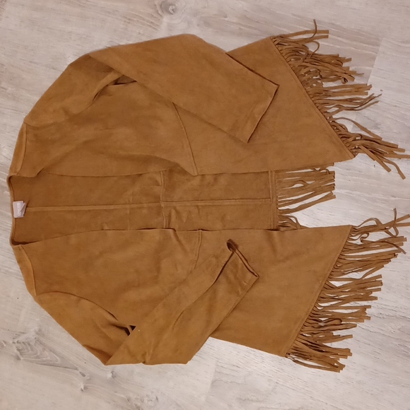 Chico's sueded brown fringe open lightweight cardigan jacket size 0 XS 4-6 - Picture 14 of 15